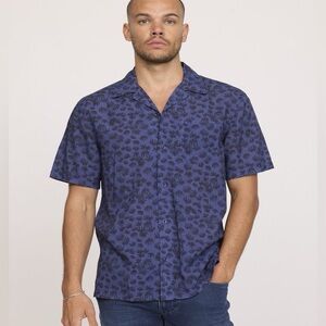 Create Unison Printed Short Sleeve Button Up Camp Shirt Blue Black Small